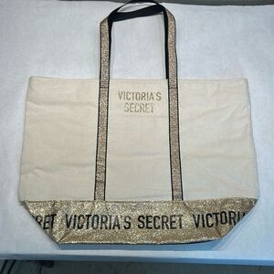 Victoria's Secret VS Canvas Tote Bag Metallic Glitter Gold Spellout Zip Top